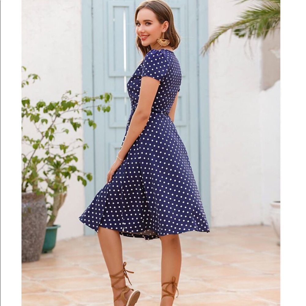 Navy Blue Polka Dot  Wrap Dress